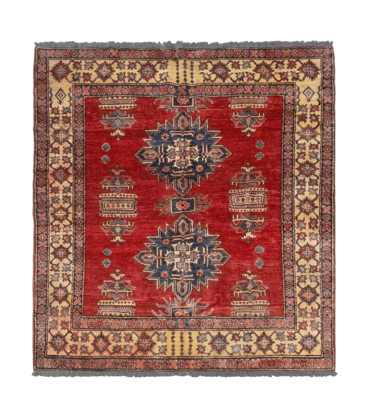 Square Turkish Rug 6x6, Azerbaijani Azeri Turkish Armenian Rug, Red Tan Blue, Geometric, Wool Carpet by Jewel Rugs