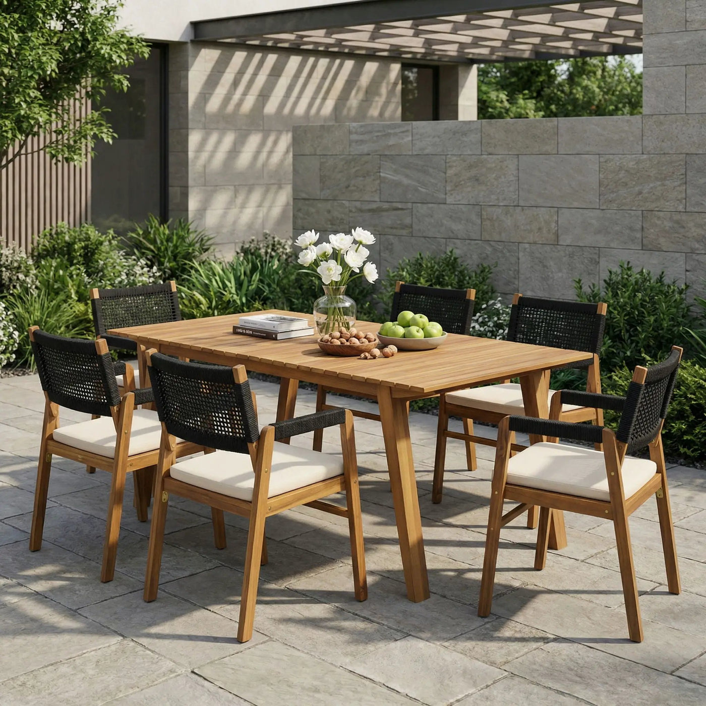 Outdoor 7 Pieces Patio Slat Design Acacia Upholstered Dining Set by HouseOfZazla