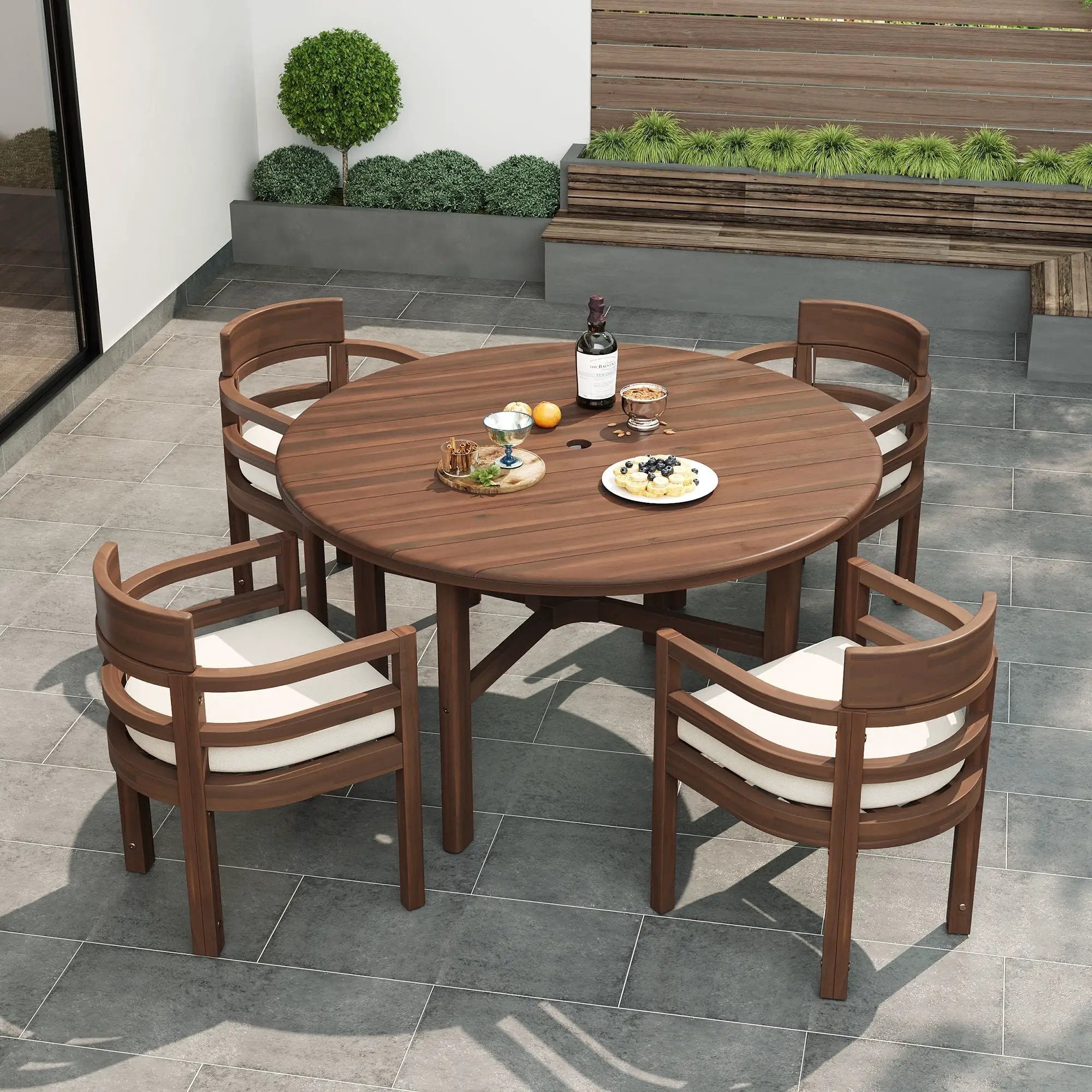 5 Piece Round Patio Table & Cushioned Armrest Chairs, Outdoor Dining Set With Umbrella Hole by HouseOfZazla