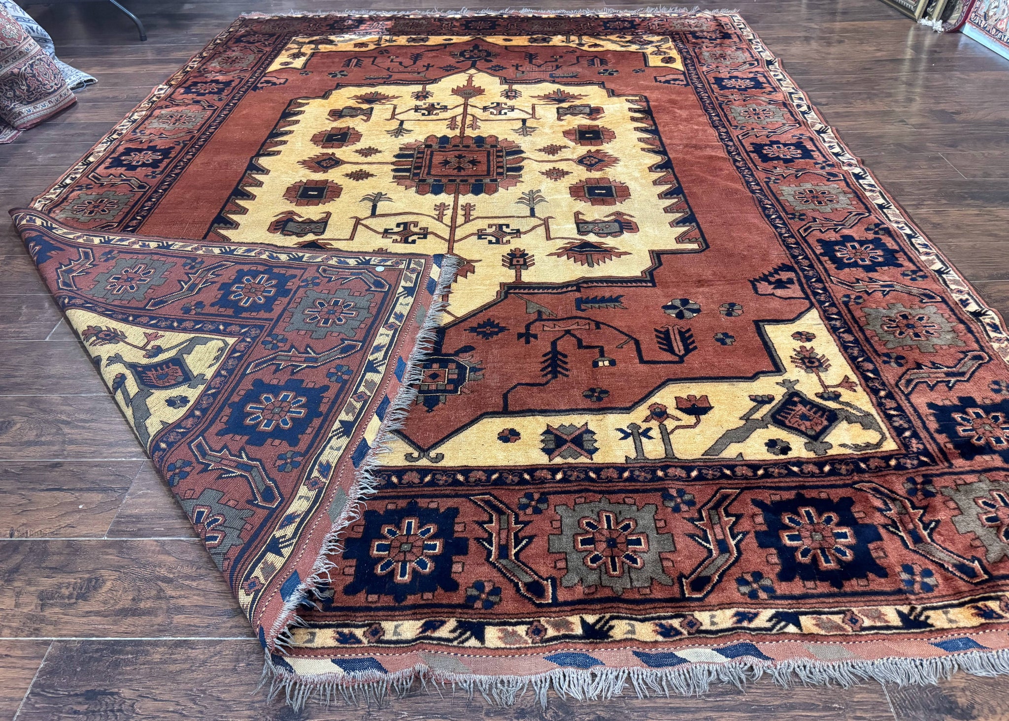 Afghan Heriz Rug 9x12, Tribal Geometric Serapi Carpet, Rust Cream and Navy, Wool on Wool by Jewel Rugs