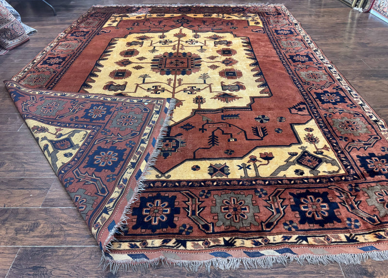Afghan Heriz Rug 9x12, Tribal Geometric Serapi Carpet, Rust Cream and Navy, Wool on Wool by Jewel Rugs