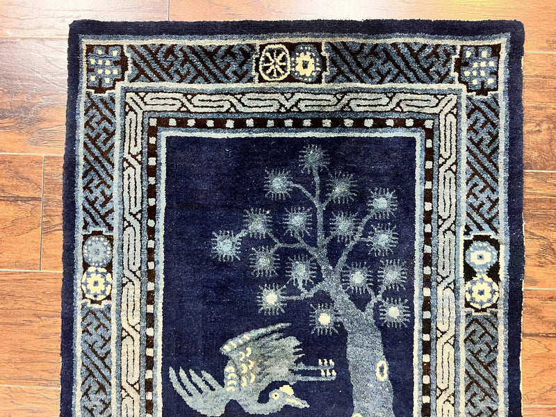 Antique Chinese Peking Rug 3x5, Dark Blue Chinese Wool Rug 3 x 5, Animal Pictorials Deer Birds, Handmade Asian Oriental Chinese Carpet by Jewel Rugs