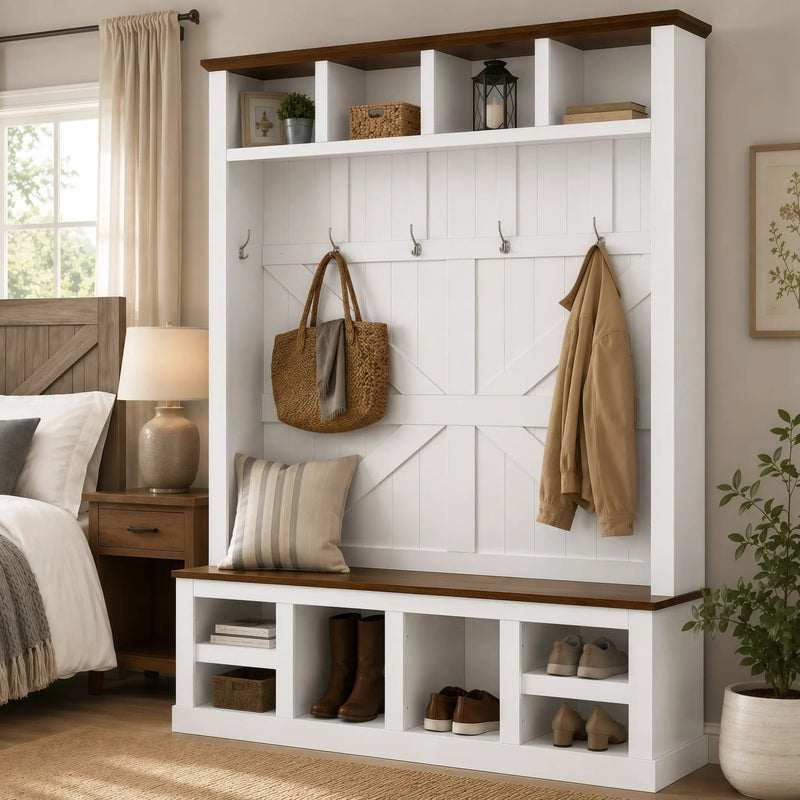 Farmhouse Hall Tree with Bench and Shoe Storage by HouseOfZazla