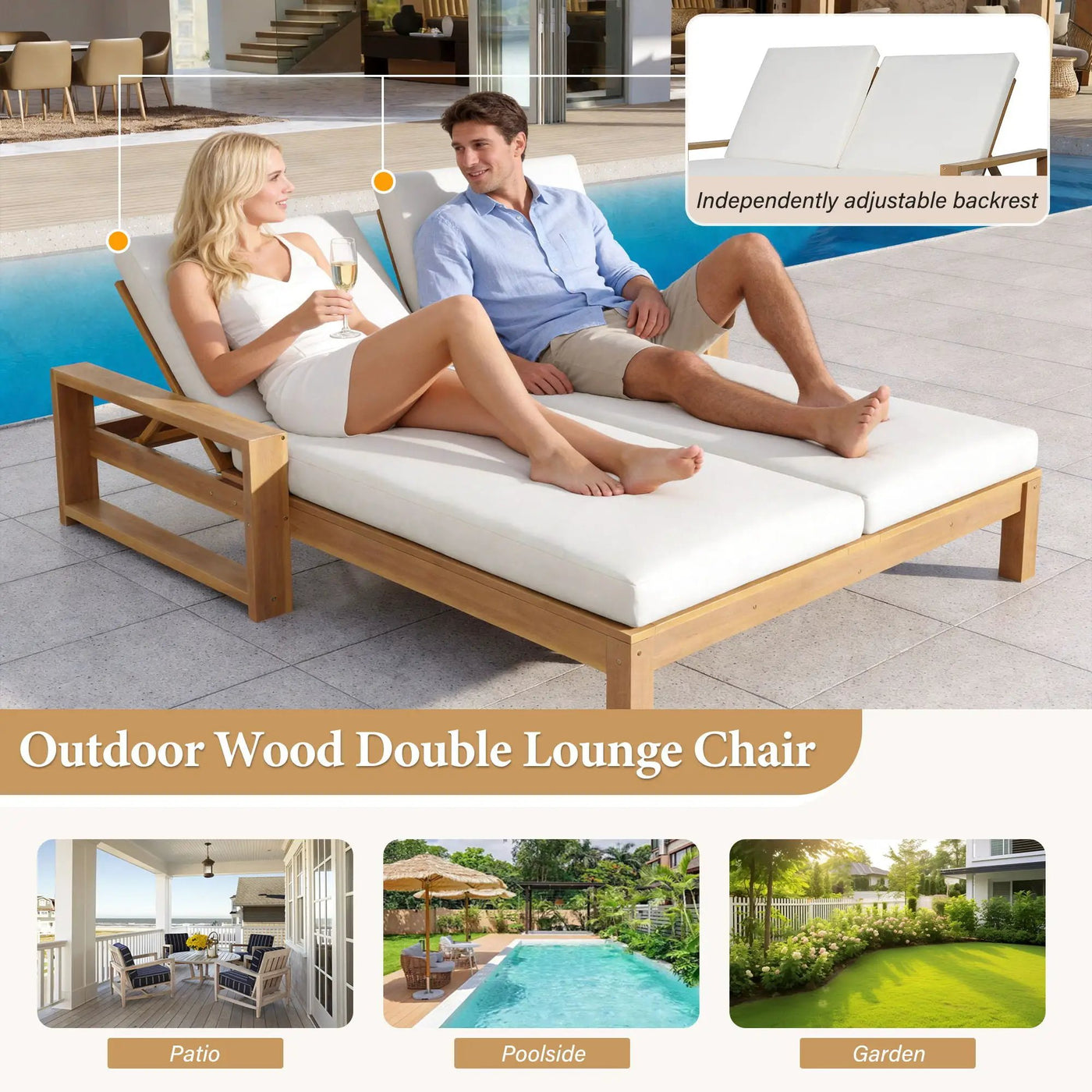 Outdoor Double Lounge Chair With 5 Position Adjustable Backrest by Unique Piece Furniture