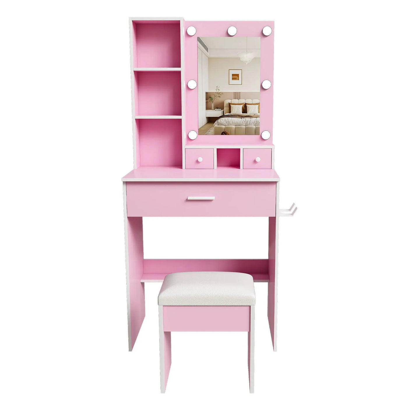 Vanity Table With Mirror, Adjustable LED Lights, Power Outlet, Hairdryer Holder & Stool by Unique Piece Furniture