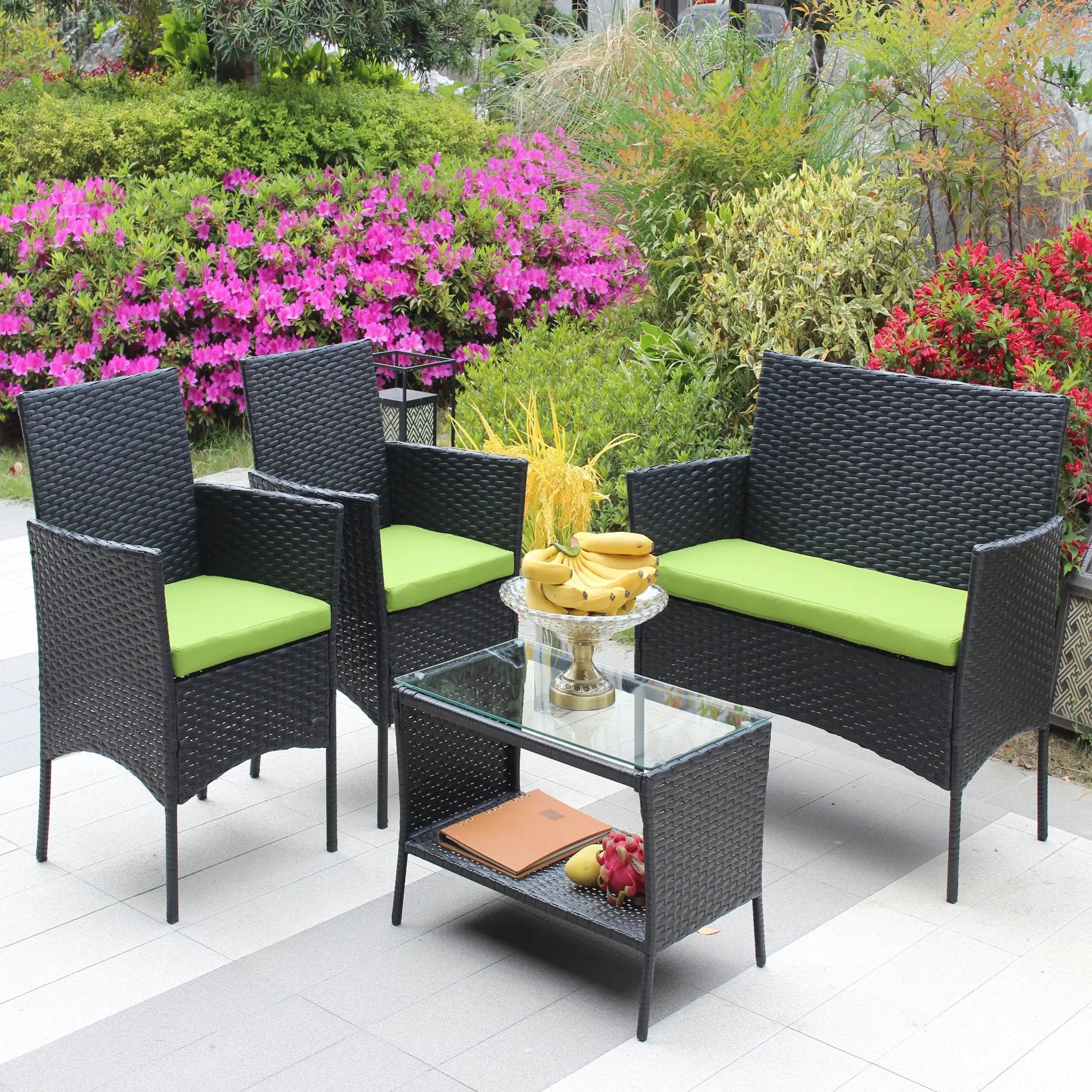 4 PC Rattan Patio Furniture Set Outdoor Cushioned Wicker Sofa Green Cushion by HouseOfZazla