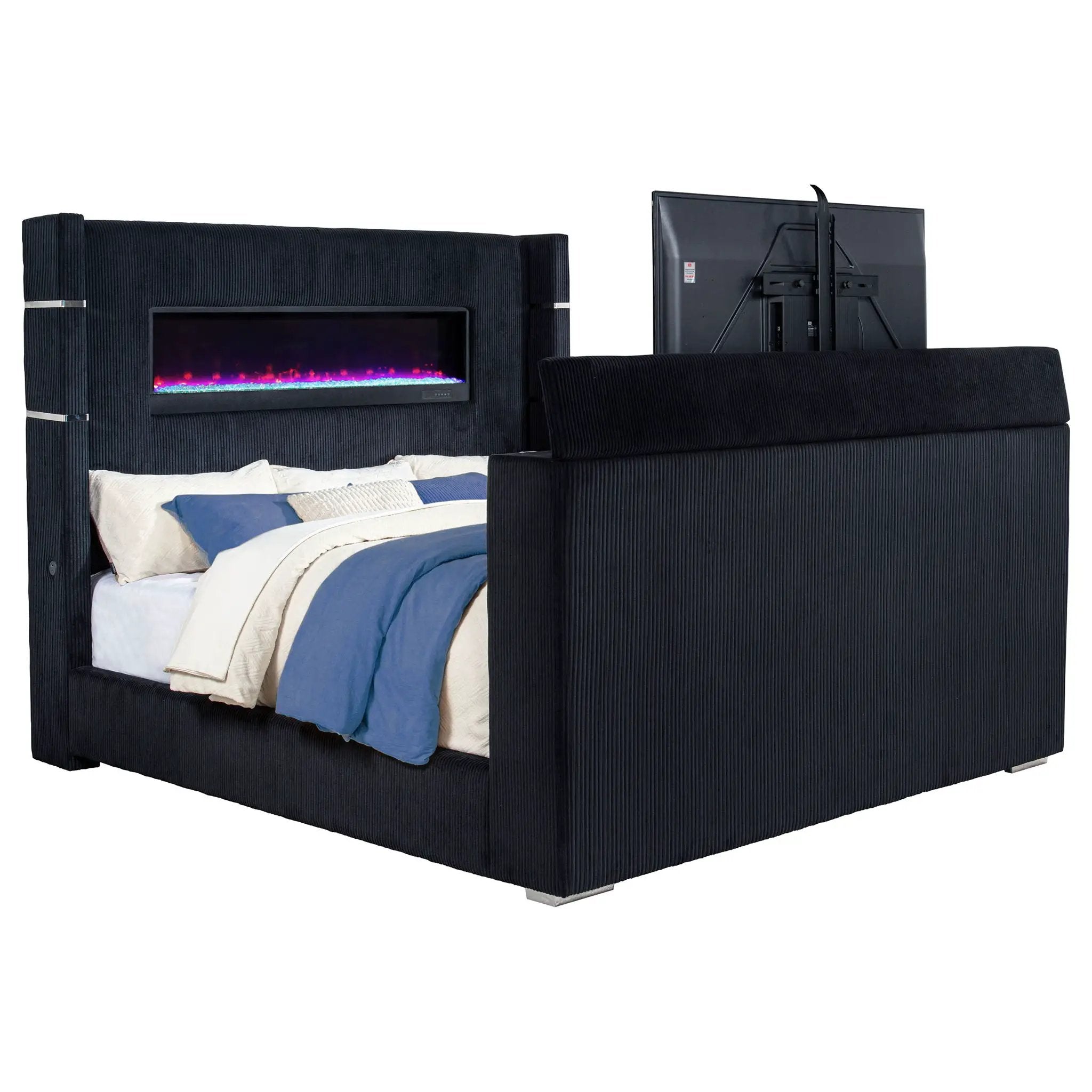 Tisdall Eastern King Flame Visualizer Wingback TV Bed Black by Unique Piece Furniture