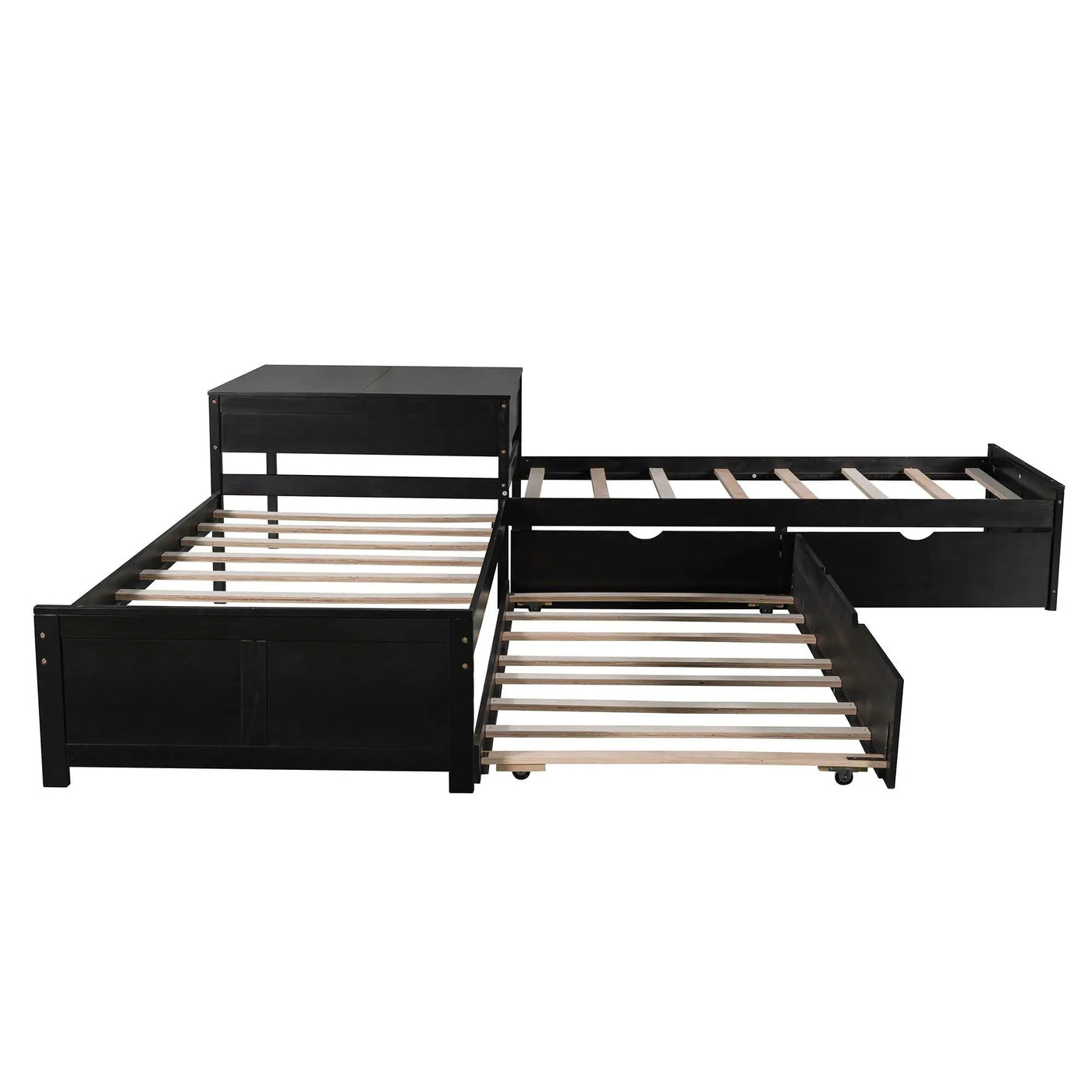 L Shaped Platform Bed With Trundle And Drawers Linked With Built In Desk by Unique Piece Furniture