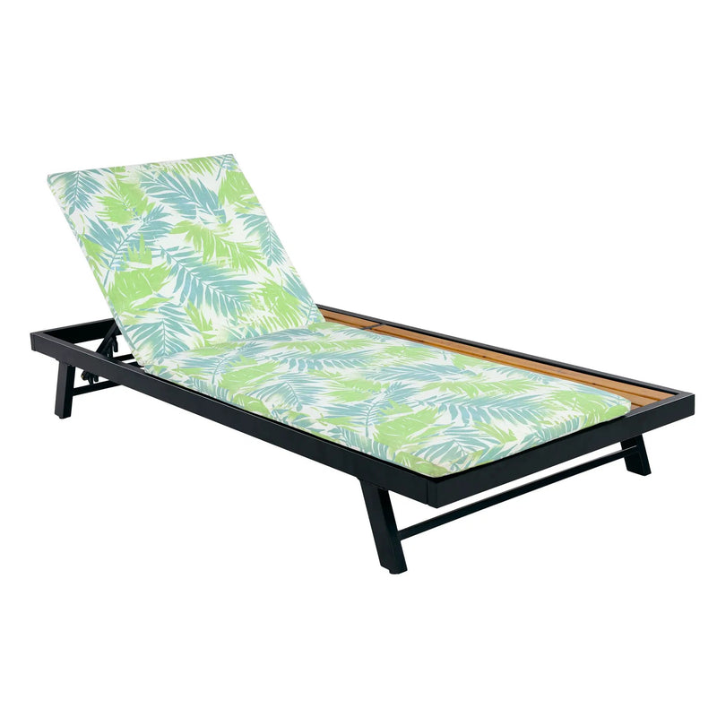 Black Iron + Teak Finish Outdoor Chaise Lounge Set with Leaf Coconut Cushion by HouseOfZazla