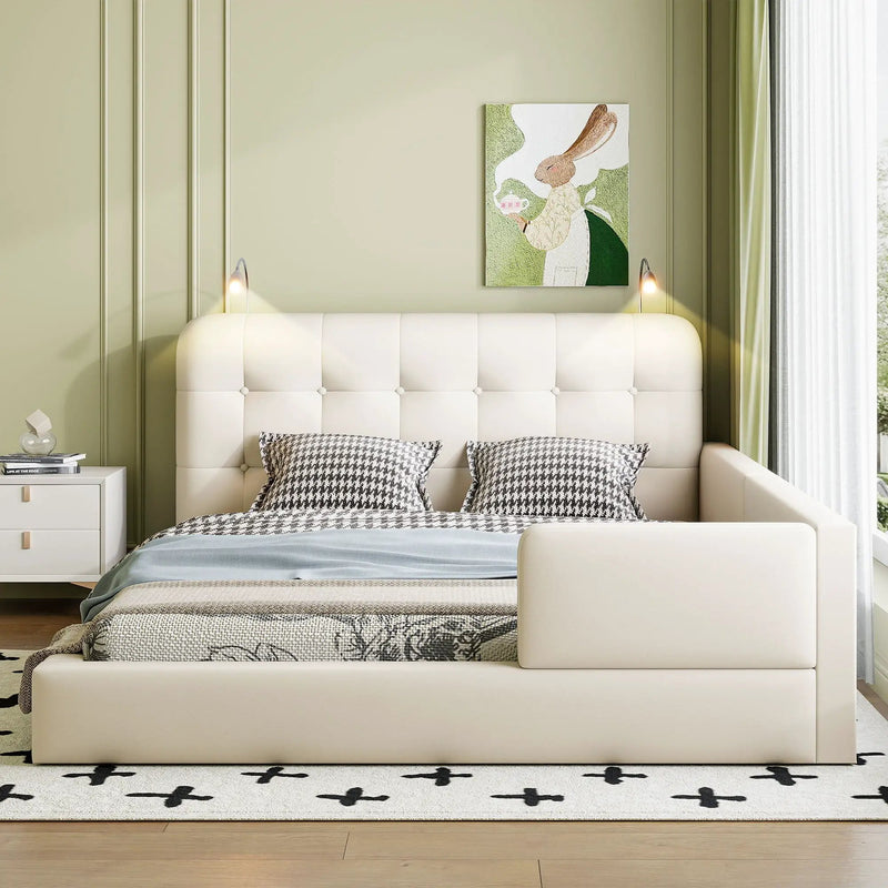 Queen Size Upholstered Platform Bed With 2 Reading Lights - White by Unique Piece Furniture