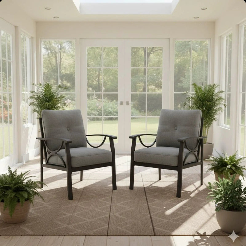 All Weather Armchairs With Cushions, Sculptural Design (Set of 2) - Gray / Khaki by HouseOfZazla