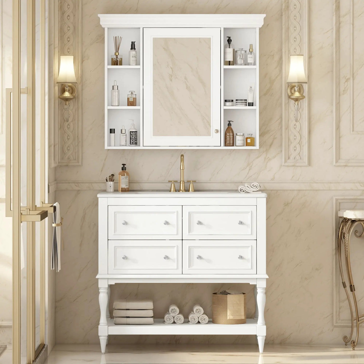 Bathroom Vanity With Medicine Cabinet, Storage Cabinet With 4 Drawers, Adjustable Shelf Mirror by HouseOfZazla