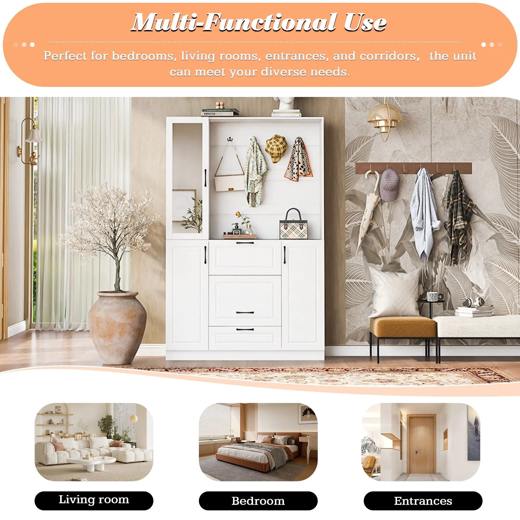 Entryway Bench With Integrated Shoe Cabinet, 3 In 1 Design And Mirrored Cabinet Door, Hall Tree With 4 Sturdy Hooks And Foldable Seat For Entrance, Living Room - White by HouseOfZazla