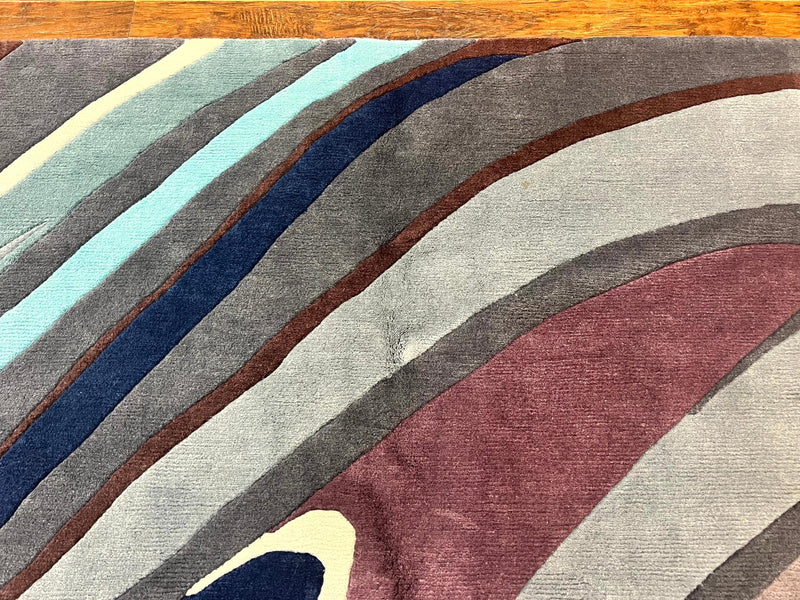 Modern Nepali Handmade Wool Rug 6x8, Blues Gray Mauve, Abstract, Nepali Tibetan Rug by Jewel Rugs