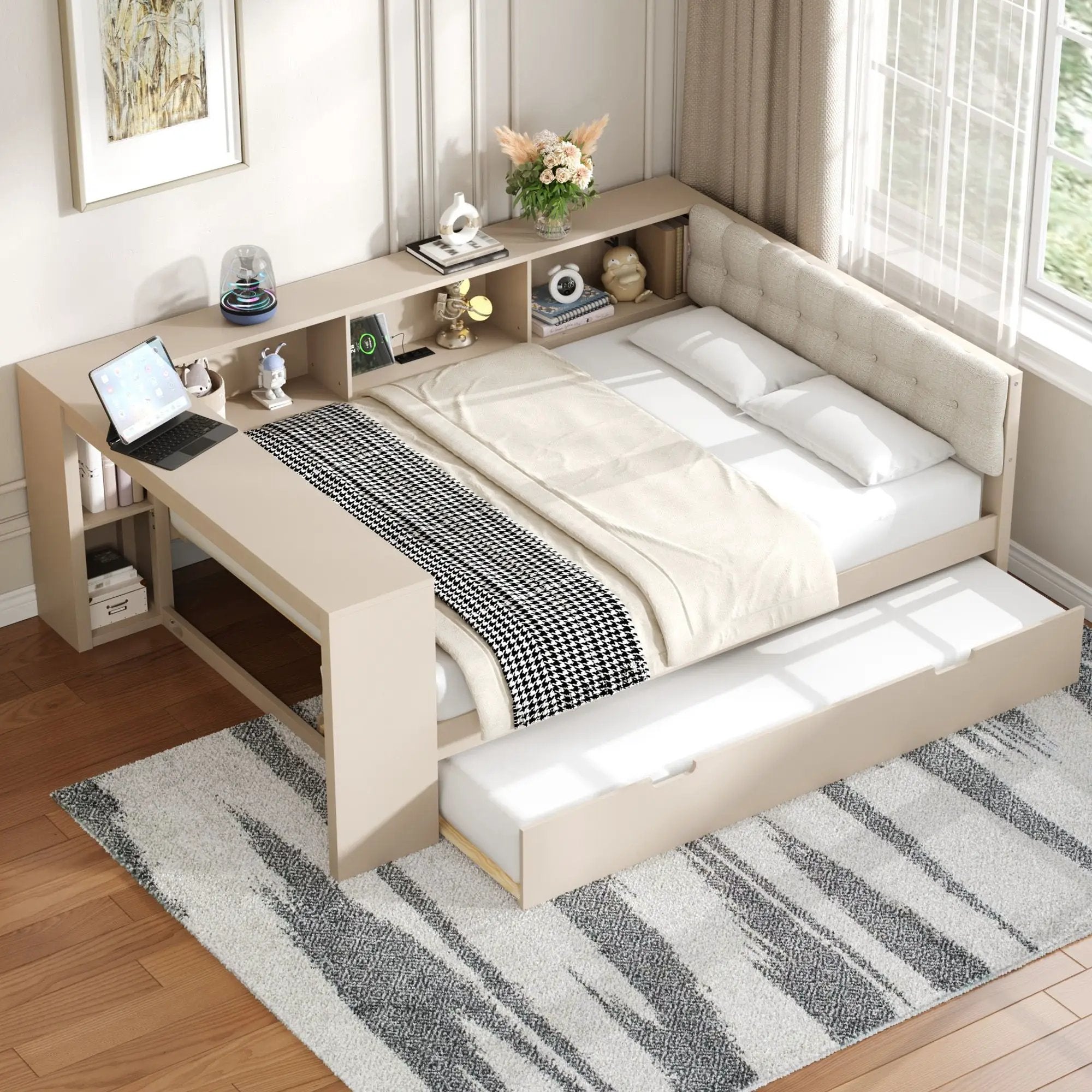 Upholstered Headboard Platform Bed with Storage Shelves, Trundle, and Charging Station by HouseOfZazla