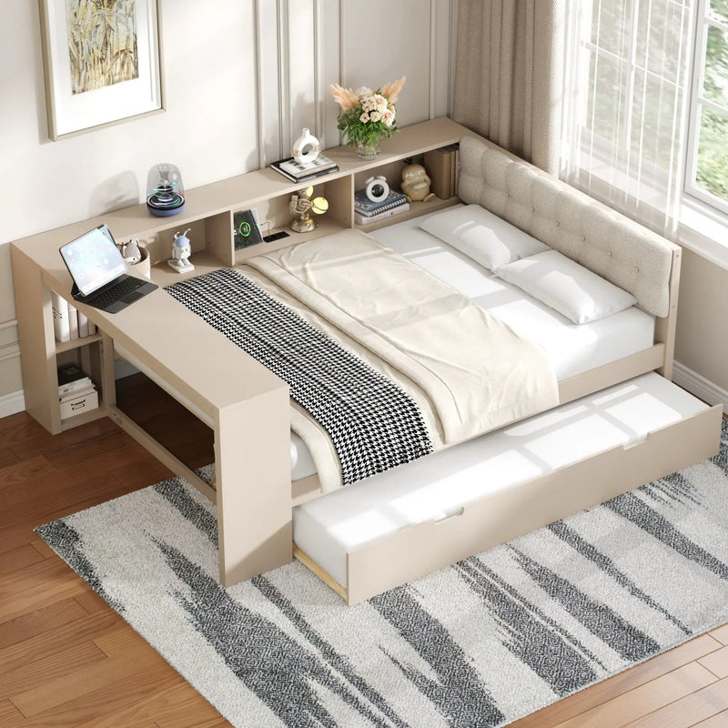 Upholstered Headboard Platform Bed with Storage Shelves, Trundle, and Charging Station by HouseOfZazla