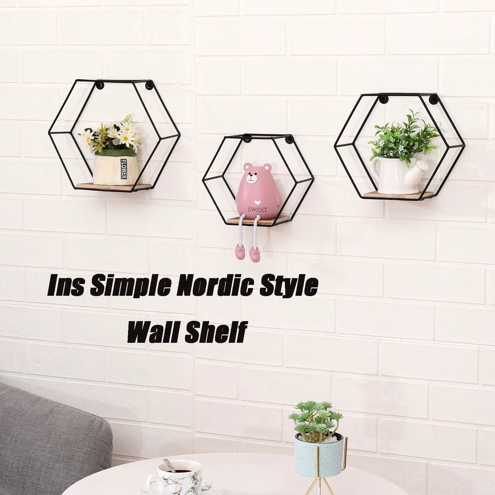 Wall Mounted Hexagonal Floating Shelves - Black (Set of 3) In Different Sizes, Modern Metal Wall Shelf, Simple Wood Partition Storage Shelves, Wall Decor Rack - Natural Wood by Unique Piece Furniture