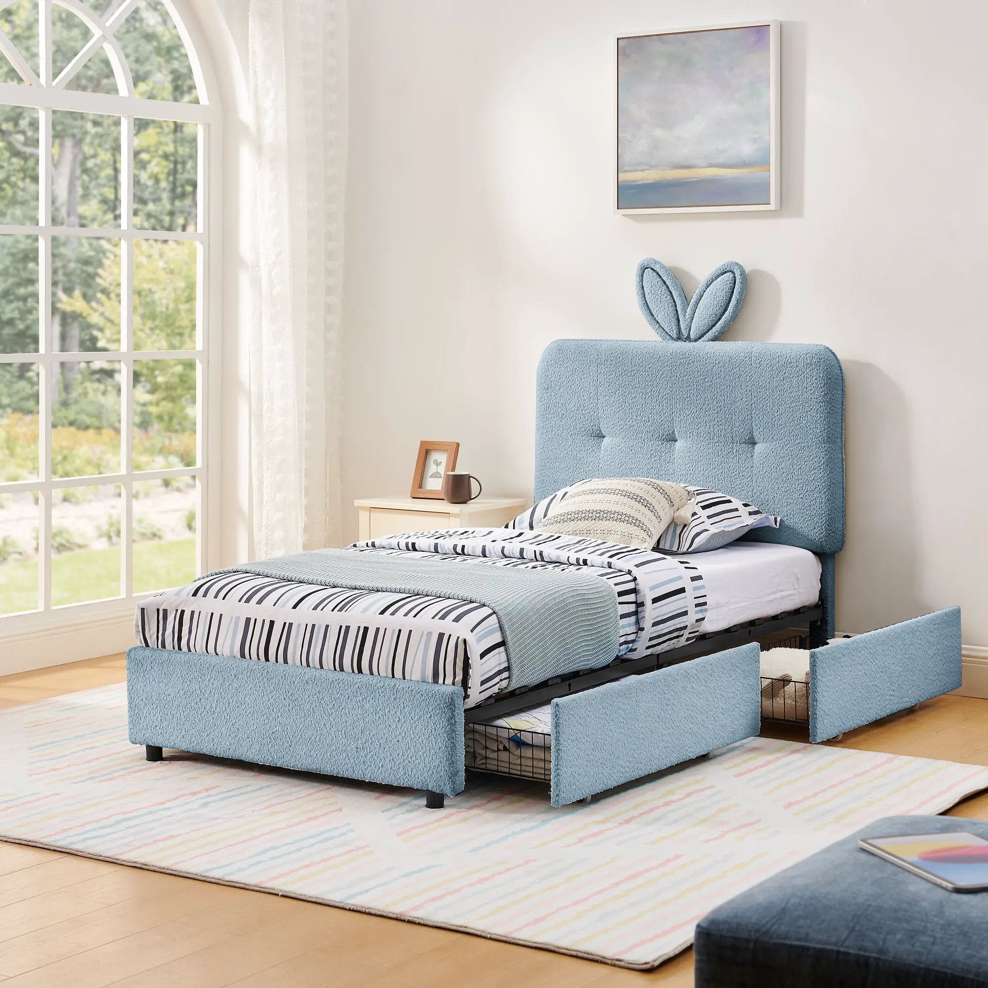 Twin Size Kids Upholstered Bed with Oversized Rabbit Ear Headboard by HouseOfZazla