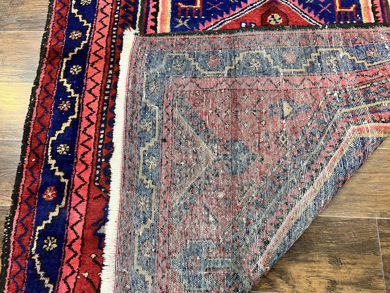 Persian Tribal Rug 5x7, Wool Handmade Vintage Hamadan Nahavand Carpet, Red & Navy Blue, Animal Motifs, Geometric Oriental Rug 5 x 7 by Jewel Rugs