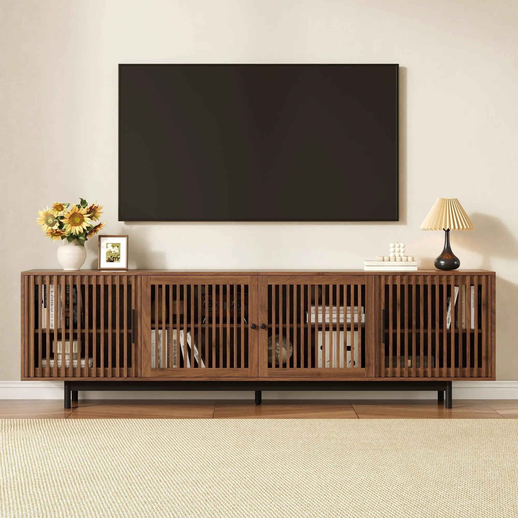 TV Stand For TVs, Entertainment Center With Closed Storage & Cable Management, Soft Closing Hinges - Walnut by Unique Piece Furniture
