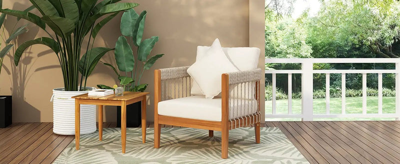 Acacia Wood Outdoor Club Chair with Handwoven Rope Accents & Curved Backrest by HouseOfZazla