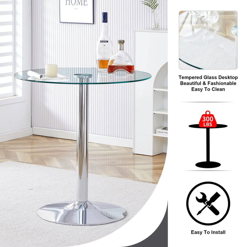 Modern Minimalist Circular Glass Dining Table With Electroplated Metal Legs 35" Diameter - Transparent by Unique Piece Furniture