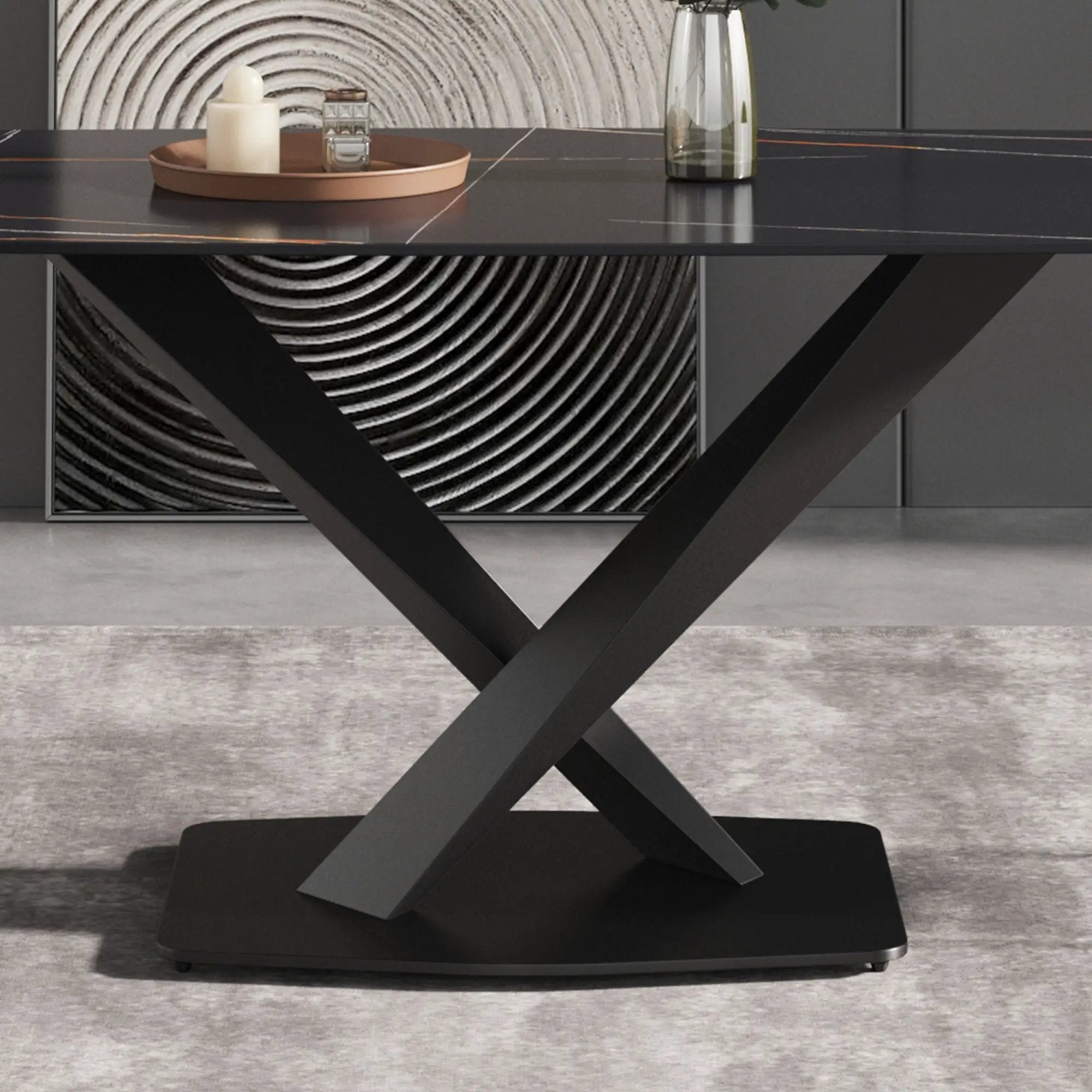 70.87" Modern Artificial Stone Black Curved Black Metal Leg Dining Table, Can Accommodate 6-8 People - Black by HouseOfZazla