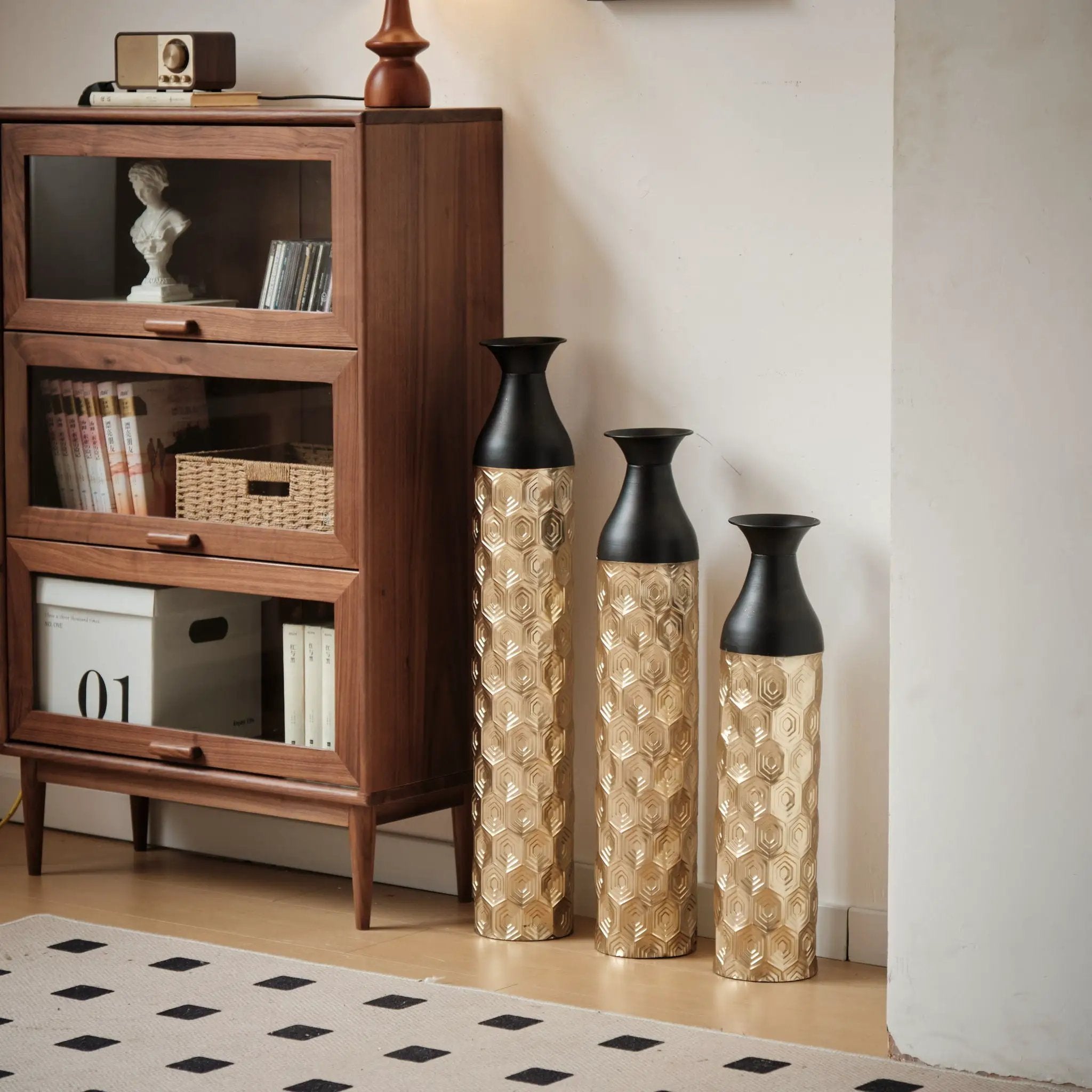 Floor Metal Vases (Set of 3) Gorgeous Home Decoration Large Glazed Metal Vases - Black / Gold by Unique Piece Furniture