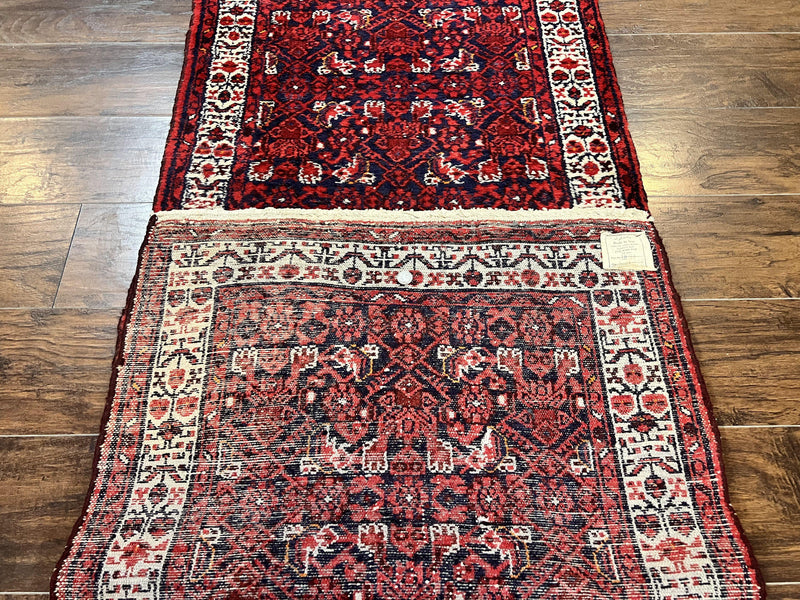 Persian Tribal Runner 3 x 9, Hamadan Dargazin Rug, Dark Blue and Red Wool Hand Knotted Hallway Rug, Vintage Antique Oriental Runner, 9ft Long Runner, Herati by Jewel Rugs