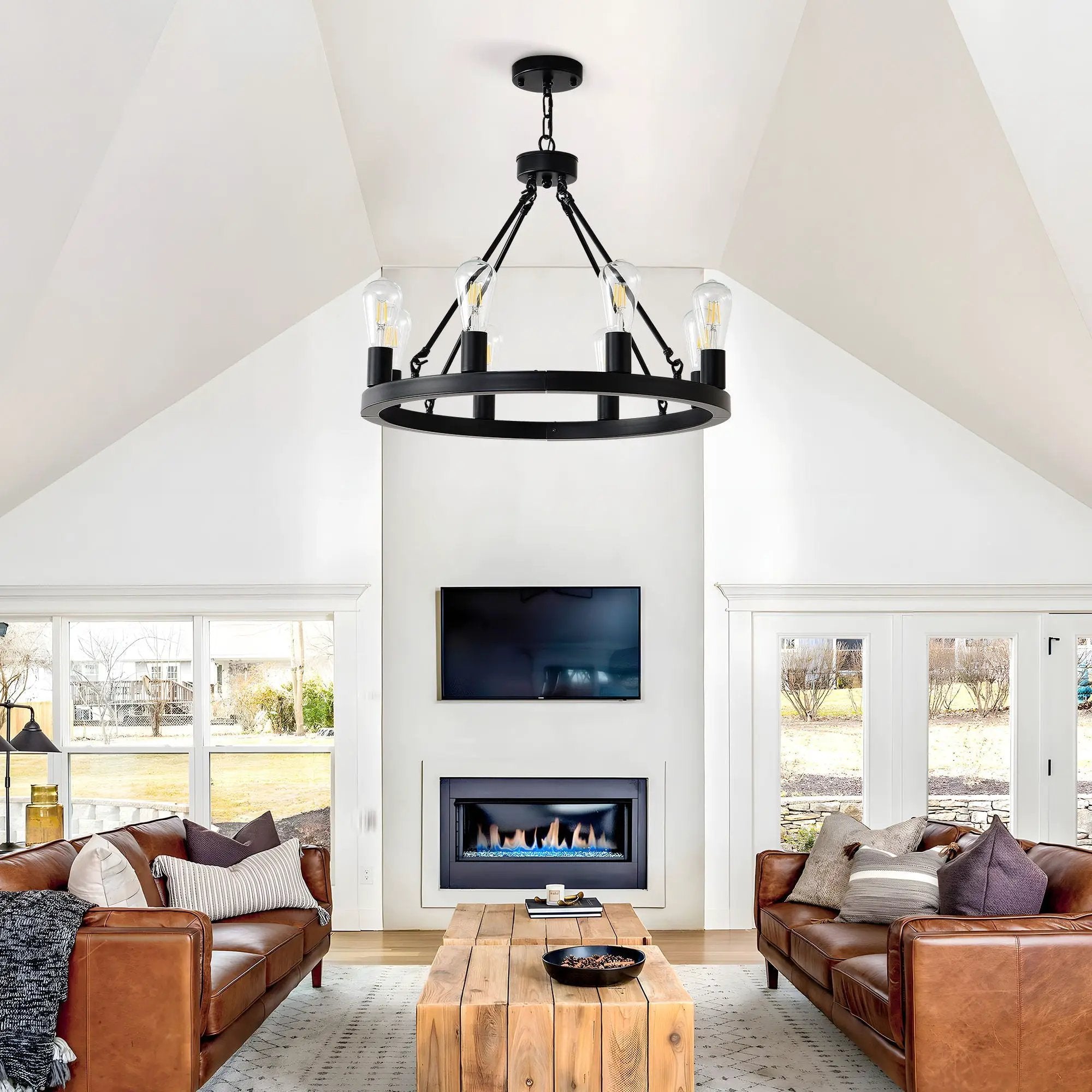 6 Light (No Bulbs) Wagon Wheel Chandelier Farmhouse Modern Small Round Chandelier For Living Room Kitchen Island Foyer Hallway Entryway Bedroom Dining Room Light Fixture Ceiling Hanging - Matte Black by Unique Piece Furniture