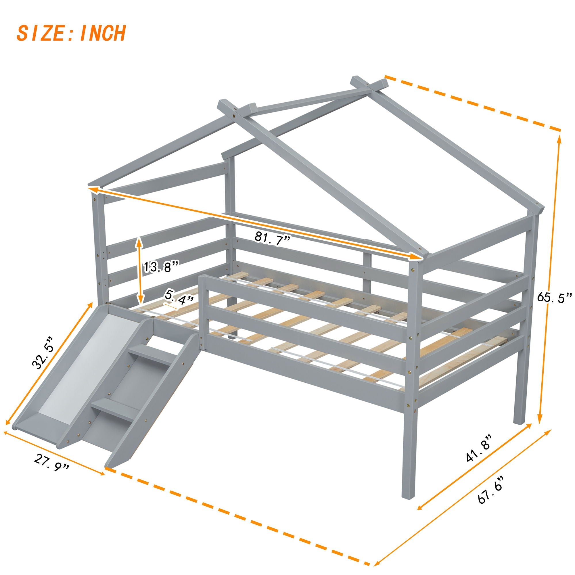 Low Loft House Bed With Slide, Ladder, Safety Guardrails, House Roof Frame by HouseOfZazla