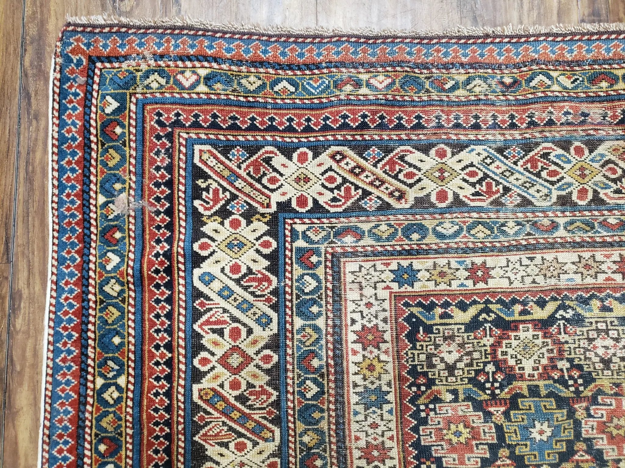 Caucasian Rug 3'9" x 5'7", Antique 1920s Collectible Caucasian Chi Chi Carpet, Hand Knotted, Colorful, Dark Blue Cream Red, Wool, Small Rug by Jewel Rugs
