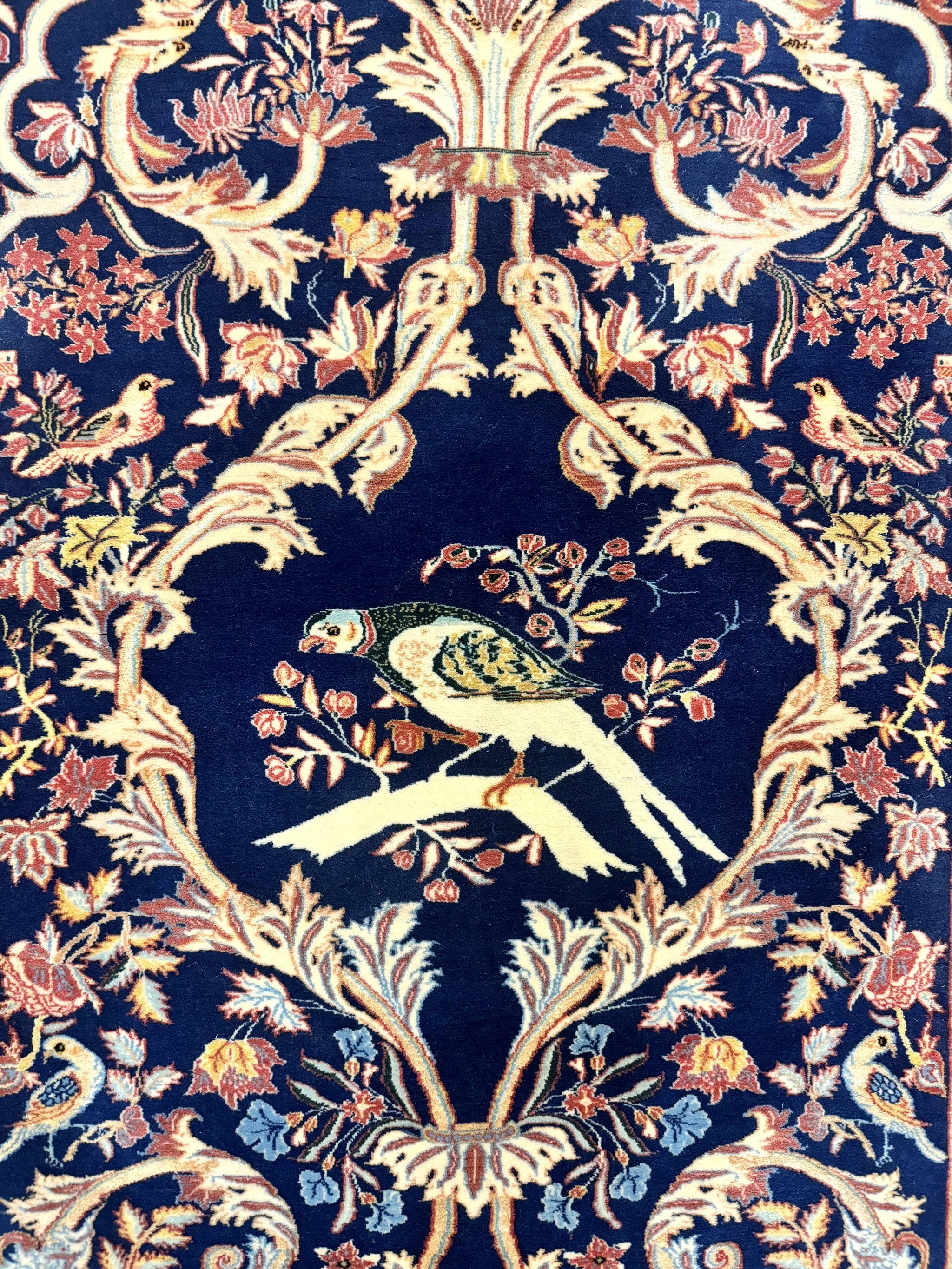 Persian Isfahan Rug 2x4, Birds, Navy Blue, Kork Wool on Silk Foundation, 460 KPSI by Jewel Rugs