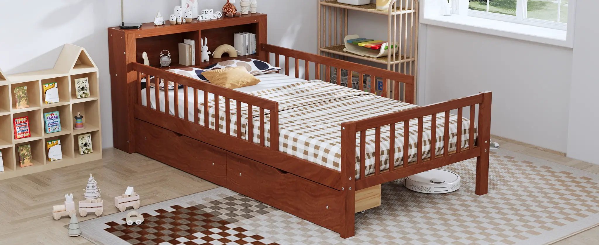 Bed With Headboard Storage Rack, 2 Under Bed Drawers, 3 Side Guardrails For Safety by HouseOfZazla