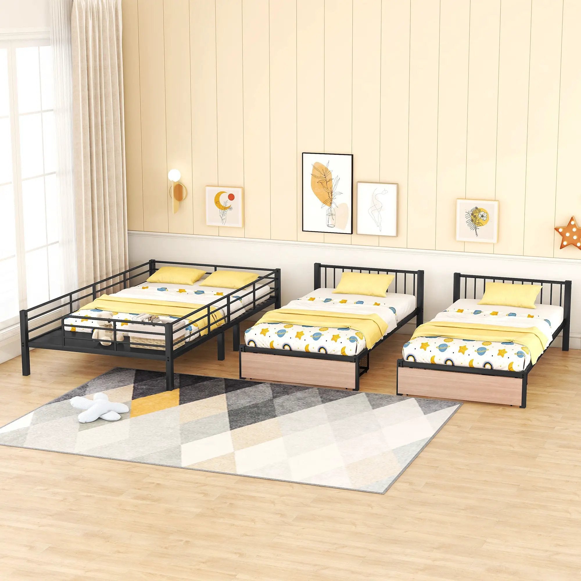 Triple Bunk Bed With Drawers, Multi-Functional Frame With Desks And Shelves In The Middle by HouseOfZazla