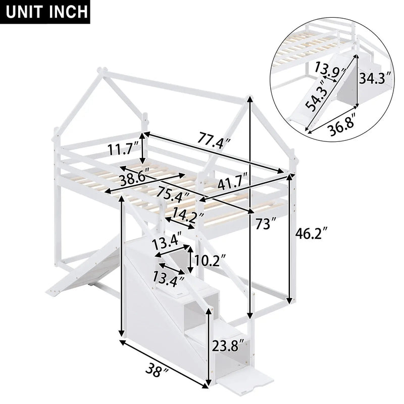 Twin Over Twin House Loft Or Bunk Bed With Slide And Staircase by HouseOfZazla