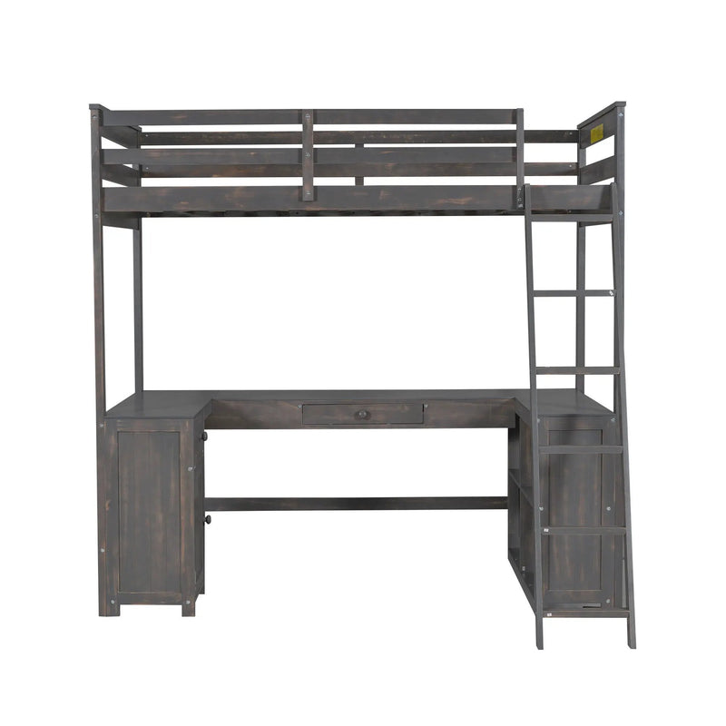Loft Bed With U-Shaped Desk, Drawers, And Storage Shelves
