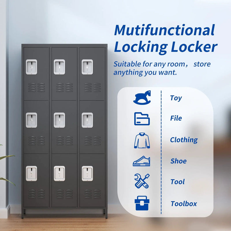 9 Door Lockers With Lock For Secure Storage And - Black by HouseOfZazla