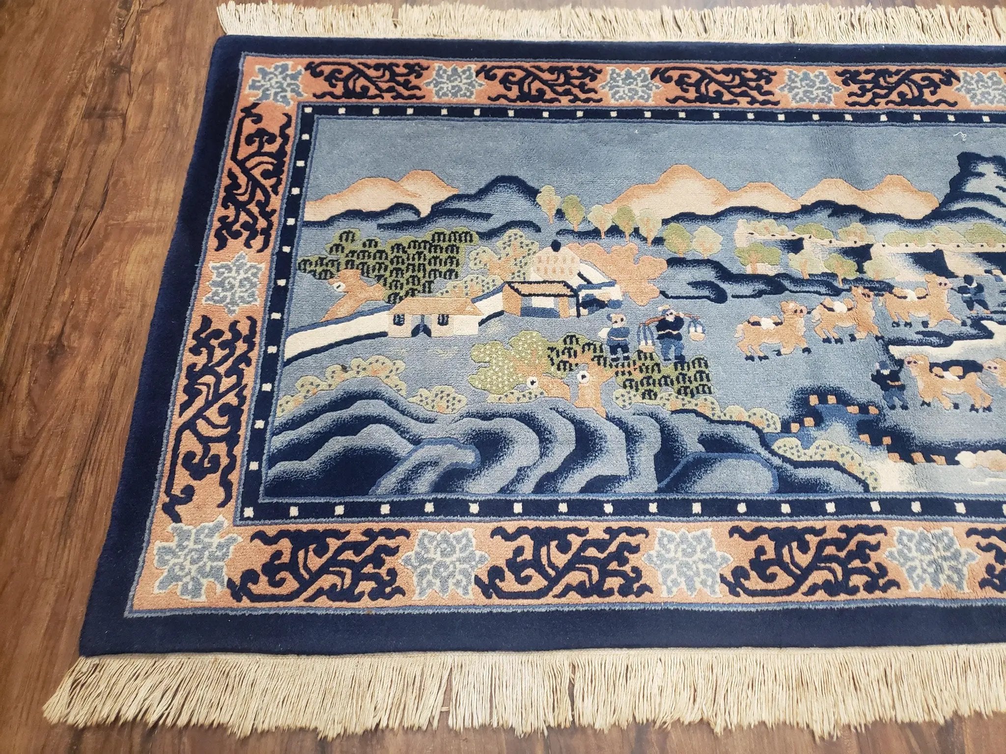 Vintage Chinese Pictorial Rug 2'4" x 4' 7", Chinese Village, Wool Hand-Knotted Blue & Teal Fine Carpet, Tapestry Rug, Woven Wall Art by Jewel Rugs