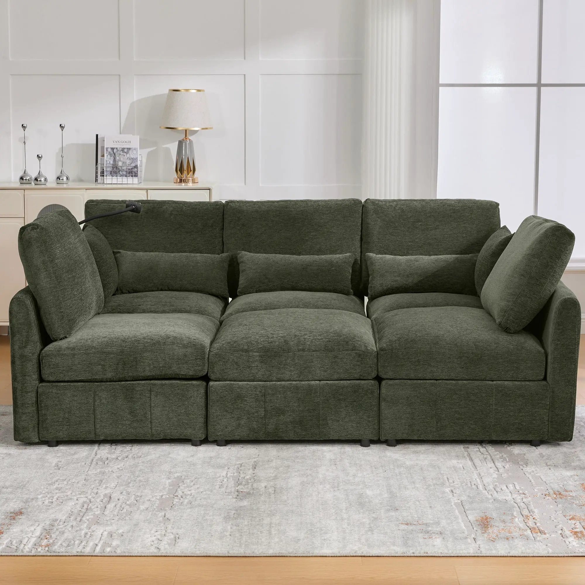 Modern Modular U-Shaped Sofa Bed With Movable Ottoman, USB Ports, Phone Holder