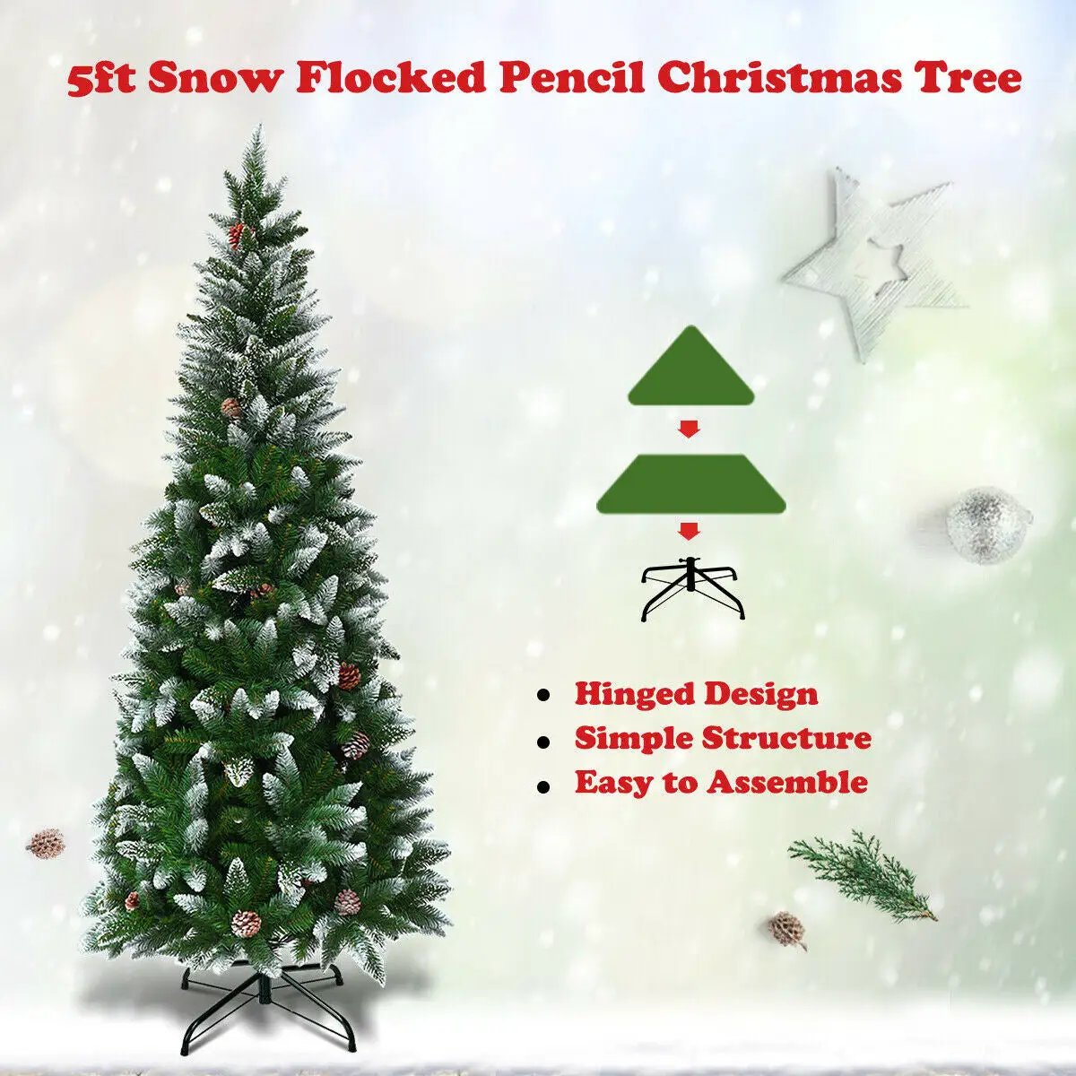 5/6/7.5 Feet Artificial Pencil Christmas Tree with Pine Cones, photo 6 of 24