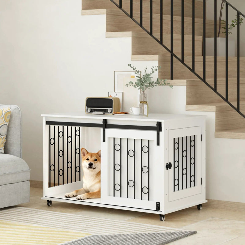 Dog Crate With Sliding Barn Door and Side Access, Lockable Wheels for Small to Medium Dogs - White by HouseOfZazla