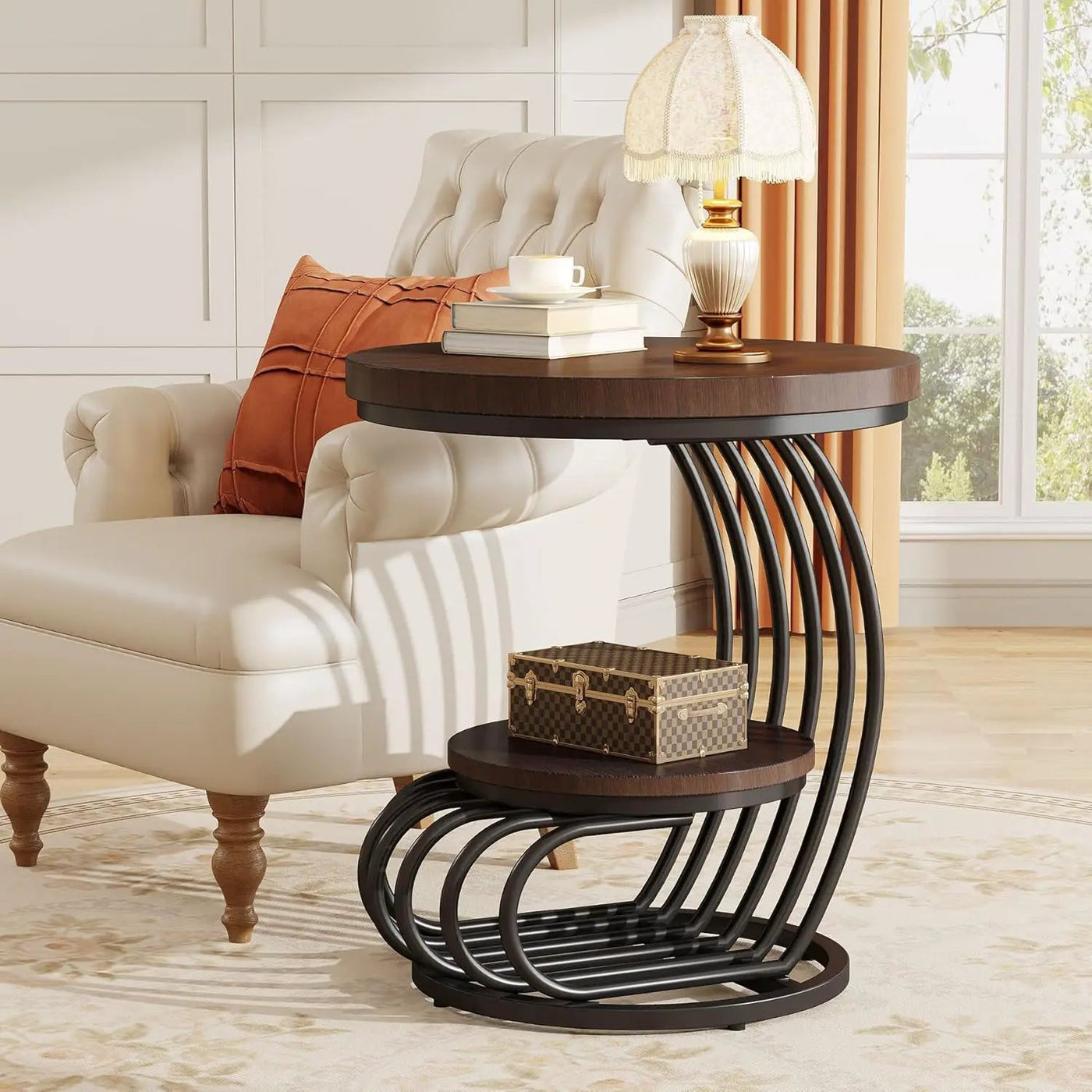 Round Vintage End Table With 2 Tier Storage by HouseOfZazla