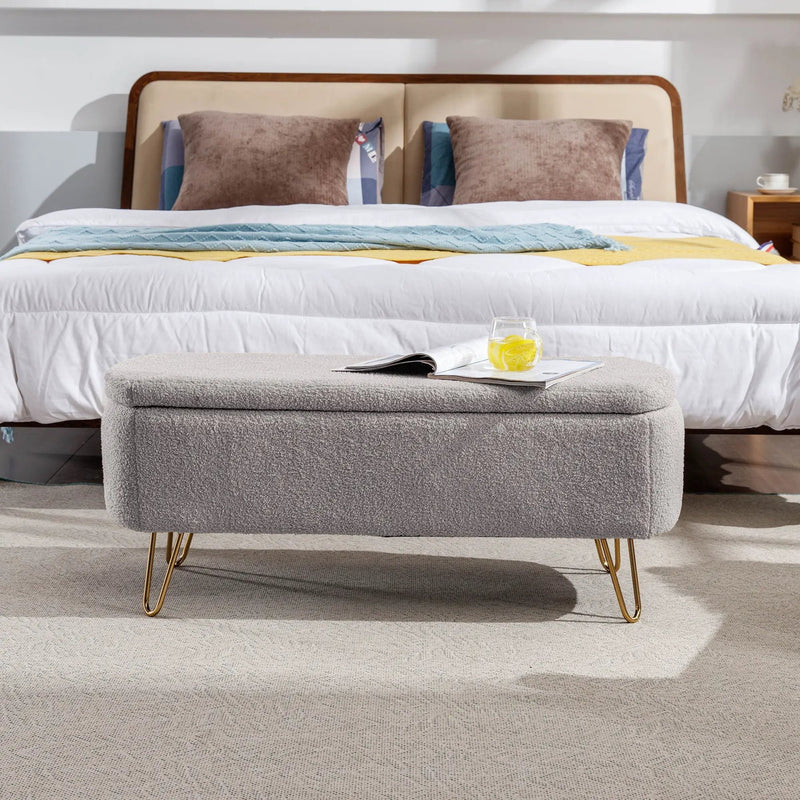 Storage Ottoman Bench For End Of Bed Legs, Modern Camel Faux Fur Entryway Bench Upholstered Padded With Storage For Living Room Bedroom by HouseOfZazla