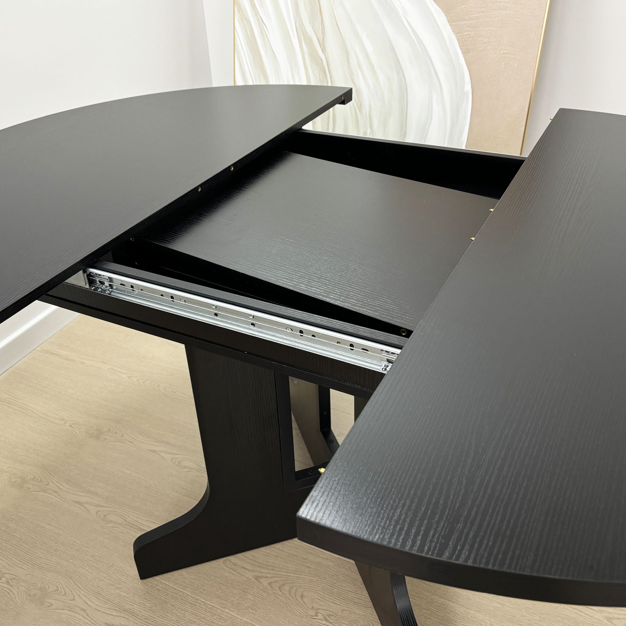 Dining Table For Farmhouse Kitchen Expandable Oval Table Top With Removable Leaf Trestle X Shaped Base - Black by HouseOfZazla
