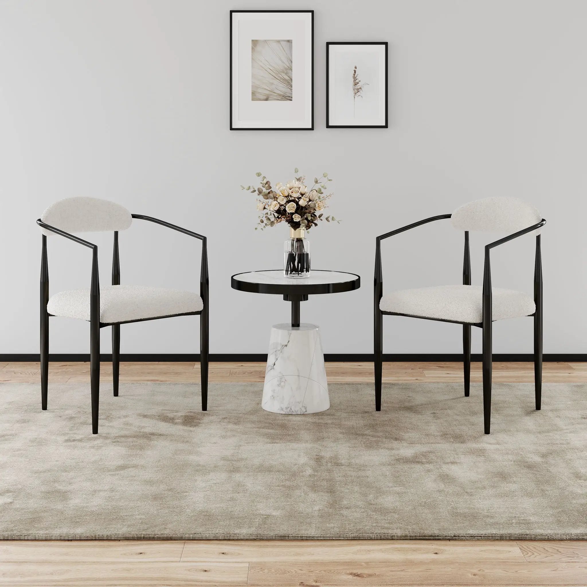 Dining Chairs (Set of 2), Mid-Century Modern Dining Chairs, Kitchen Dining Room Chairs, Round Boucle Backrest Sherpa Dining Chair With Metal Legs by HouseOfZazla