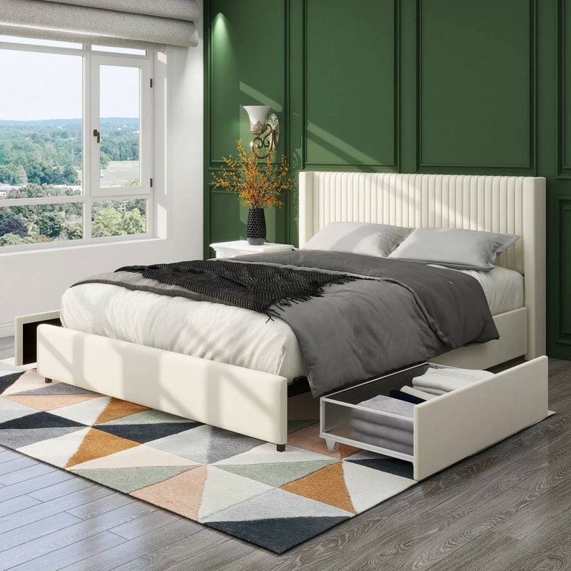 Anna - Upholstered Wingback Platform Bed With 4 Drawers Storage by HouseOfZazla