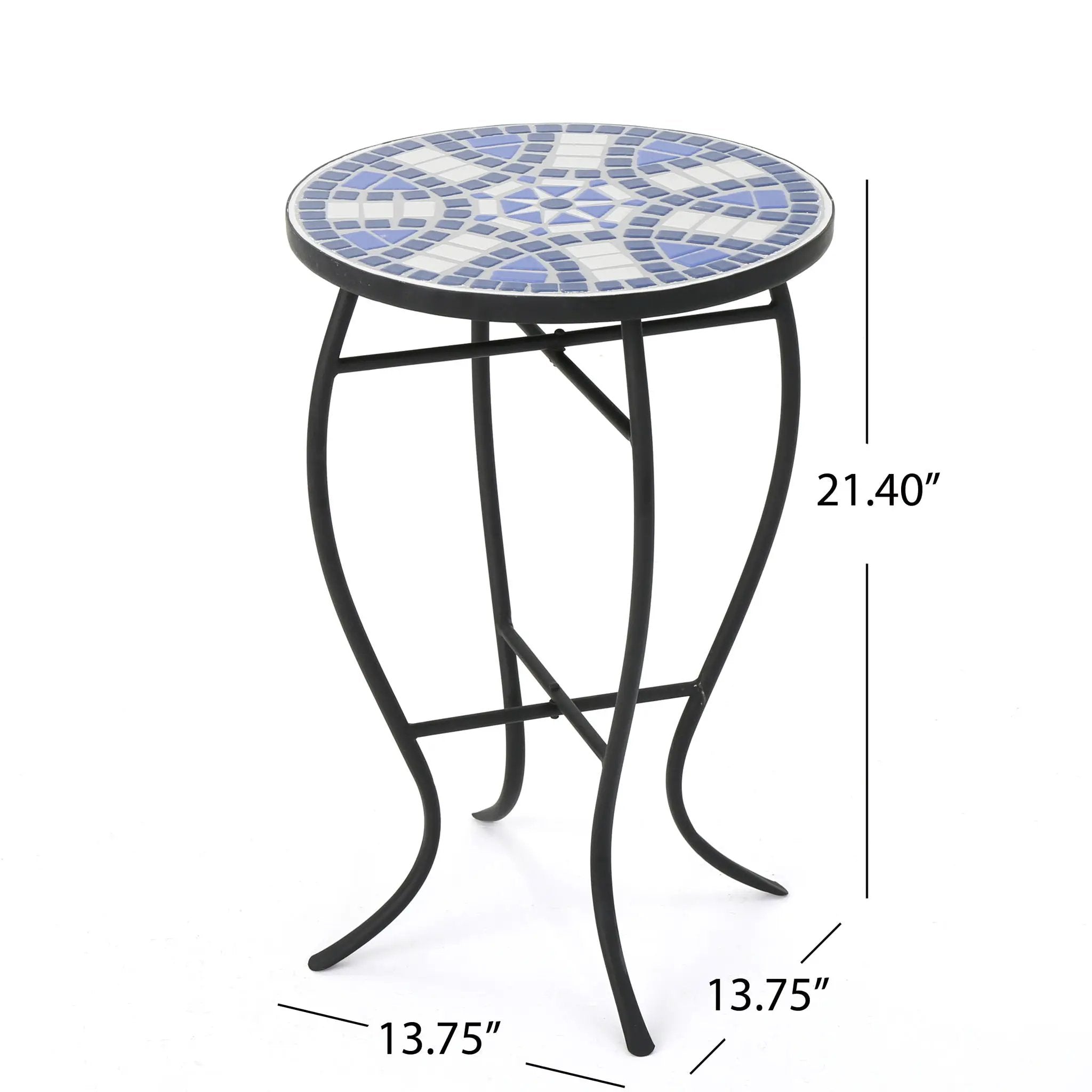 Outdoor Round Side Table With Mosaic Style Top And Curved Iron Legs - Blue / Matte Black by HouseOfZazla