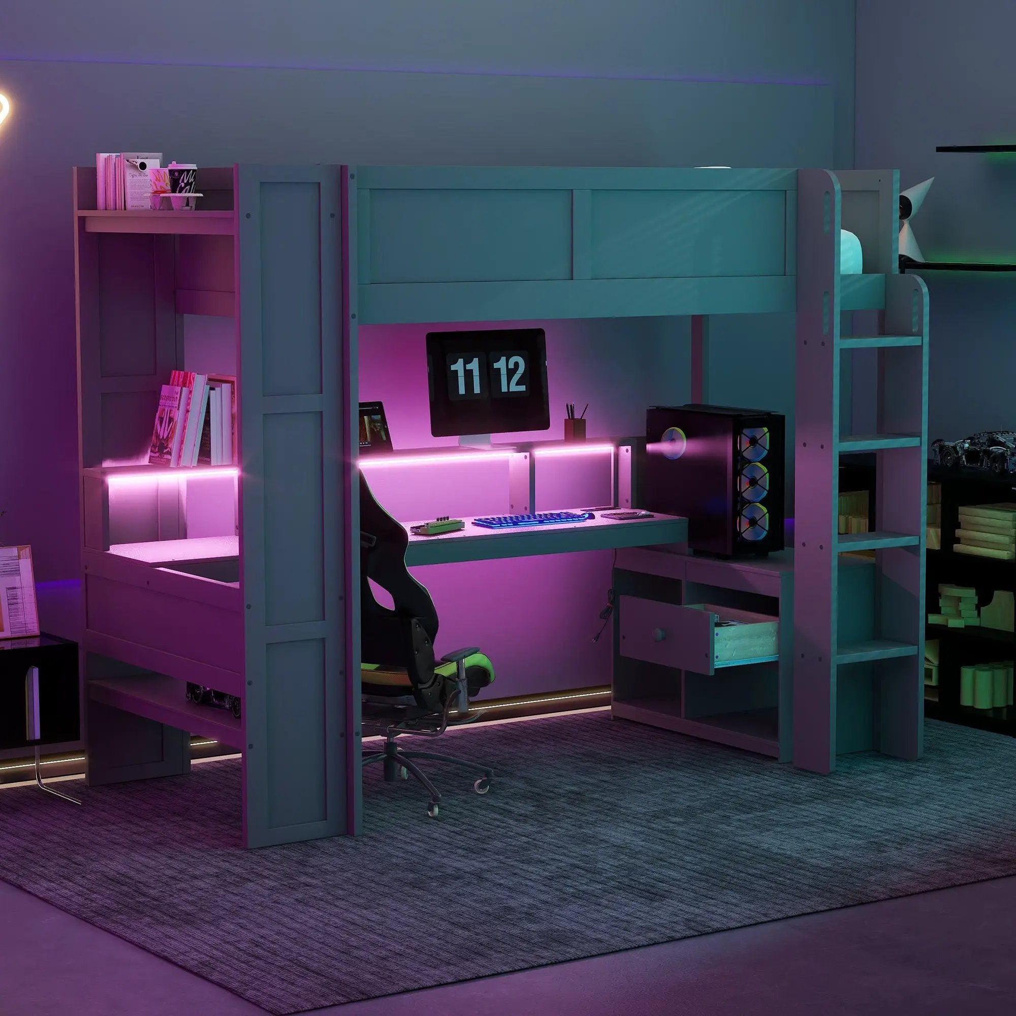 Gaming Loft Bed With Desk, Multi Storage Shelves, LED And Charging Station by Unique Piece Furniture