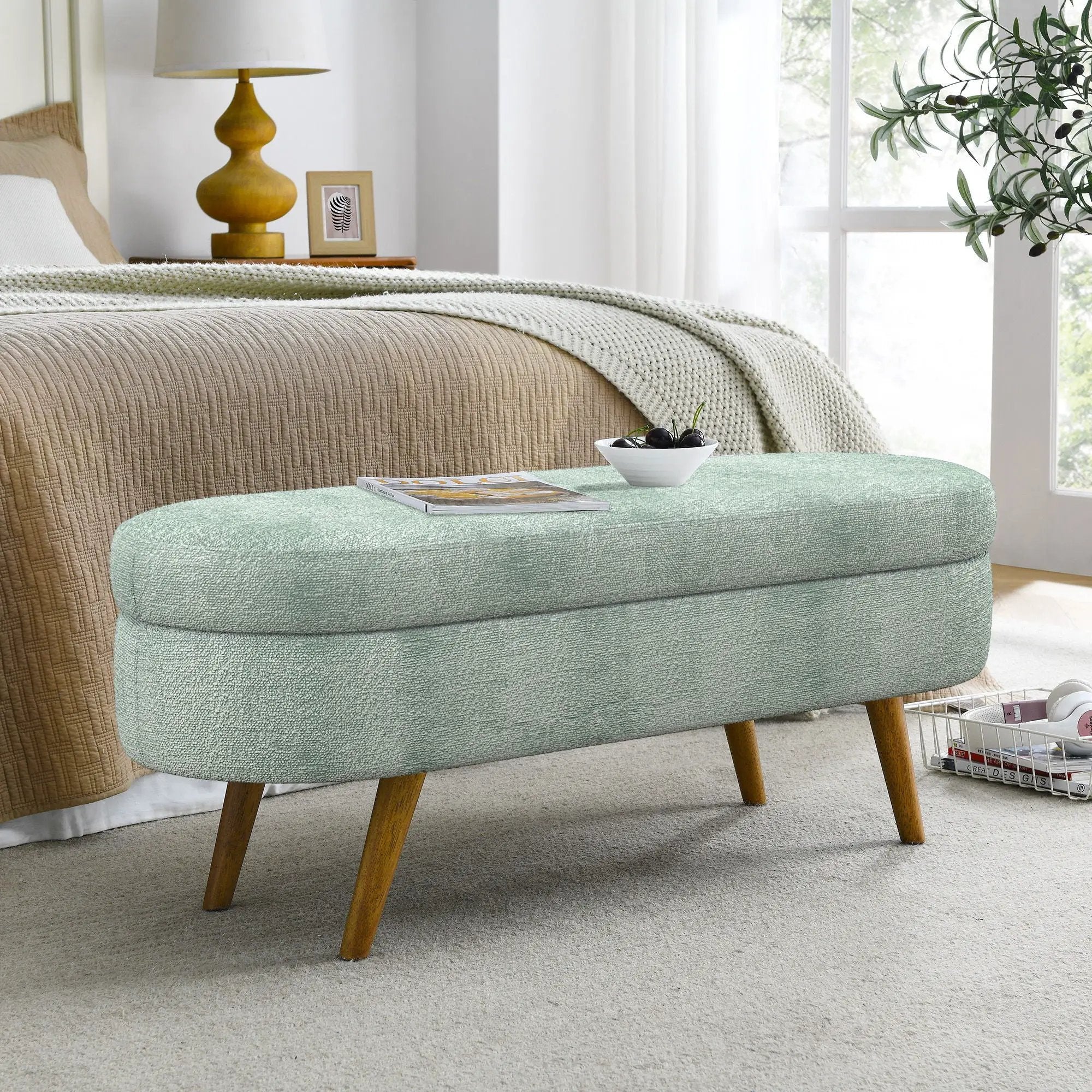 Modern Ottoman Oval Storage Bench With Rubber Wood Legs by Unique Piece Furniture